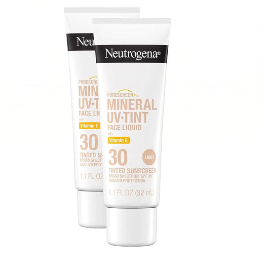 Neutrogena Purescreen+ Tinted Sunscreen for Face SPF 30, Broad Spectrum Mineral Sunscreen with Zinc Oxide & Vitamin E, Water Resistant, Fragrance Free, Light, 1.1 fl oz (Pack of 2)