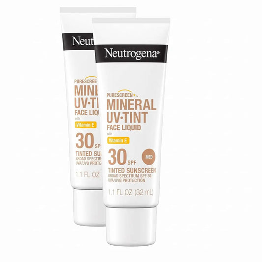 Neutrogena Purescreen+ Tinted Sunscreen for Face with SPF 30,Broad Spectrum Mineral Sunscreen with Zinc Oxide and Vitamin E,Water Resistant,Fragrance Free,Medium,1.1 fl oz,(Pack of 2)