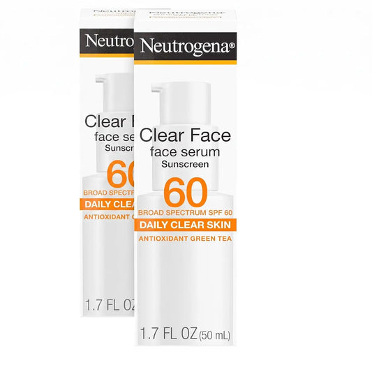 Neutrogena Clear Face Serum Sunscreen with Green Tea,Broad Spectrum SPF 60,Non-Comedogenic Face Sunscreen for Lightweight UVA/UVB Protection,Oxybenzone- & Fragrance-Free,1.7 fl. oz,(Pack of 2)