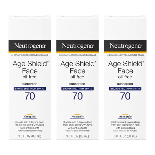 Neutrogena Age Shield Face Oil-Free Sunscreen Lotion with Broad Spectrum SPF 70, Non-Comedogenic Moisturizing Sunscreen to Help Prevent Signs of Aging, PABA-Free, 3 fl. oz (Pack of 3)