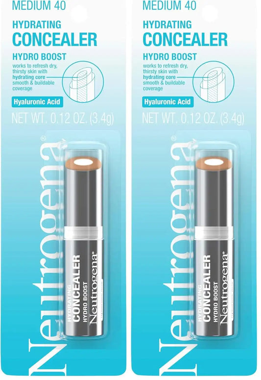 Neutrogena Hydro Boost Hydrating Concealer Stick, Oil-Free, Lightweight Cover-Up Makeup with Hyaluronic Acid Refreshes Dry Skin & Provides Buildable Coverage, 40 Medium, 0.12 Oz (Pack of 2)