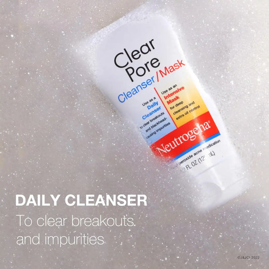 Neutrogena Clear Pore 2 in 1 Facial Cleanser/Face Mask with Kaolin & Bentonite Clay & 3.5% Benzoyl Peroxide Acne Treatment Medication, Daily Face Wash & Shine Control Clay Mask, 4.2 fl. Oz (Pack of 6)
