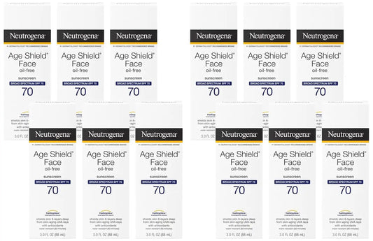 Neutrogena Age Shield Face Oil-Free Sunscreen Lotion with Broad Spectrum SPF 70, Non-Comedogenic Moisturizing Sunscreen to Help Prevent Signs of Aging, PABA-Free, 3 fl. oz (Pack of 12)