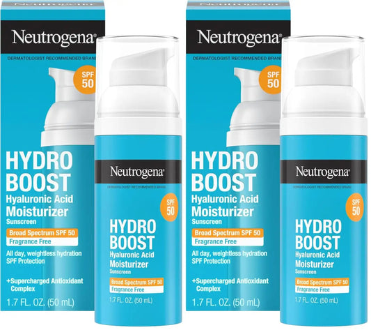 Neutrogena Hydro Boost Hyaluronic Acid Face Moisturizer with Broad Spectrum SPF 50 Sunscreen,Non-Greasy,Fragrance Free Daytime Facial Moisturizer to Hydrate & Soothe Dry Skin,1.7 fl. oz,(Pack of 2)