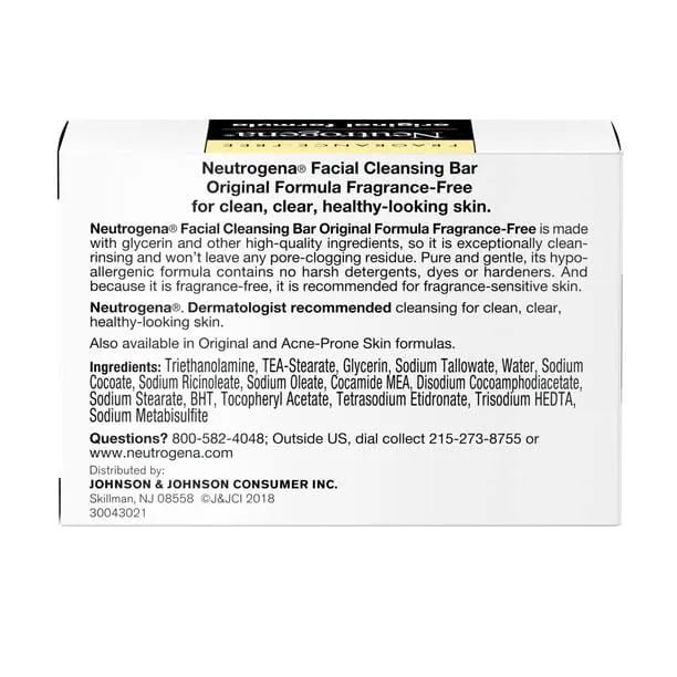 Neutrogena Original Fragrance-Free Facial Cleansing Bar with Glycerin, Pure & Transparent Gentle Face Wash Bar Soap, Free of Harsh Detergents, Dyes & Hardeners, 3.5 oz (Pack of 3)