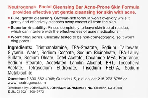 Neutrogena Facial Cleansing Bar for Acne-Prone Skin, Gentle Non-Medicated Daily Cleanser, Non-Comedogenic Transparent Soap with Glycerin, No Dyes or Detergents, 3.5 oz (Pack of 3)