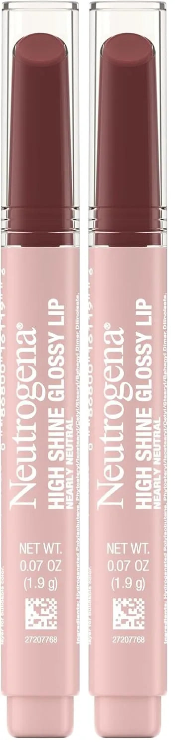 Neutrogena High Shine Glossy Lip with Maracuja Oil + Vitamins & Antioxidant Vitamin E, Nourishing Glossy Lip, Non-Retractable, Pigmented For Buildable Color, Nearly Neutral, 0.07 oz (Pack of 2)