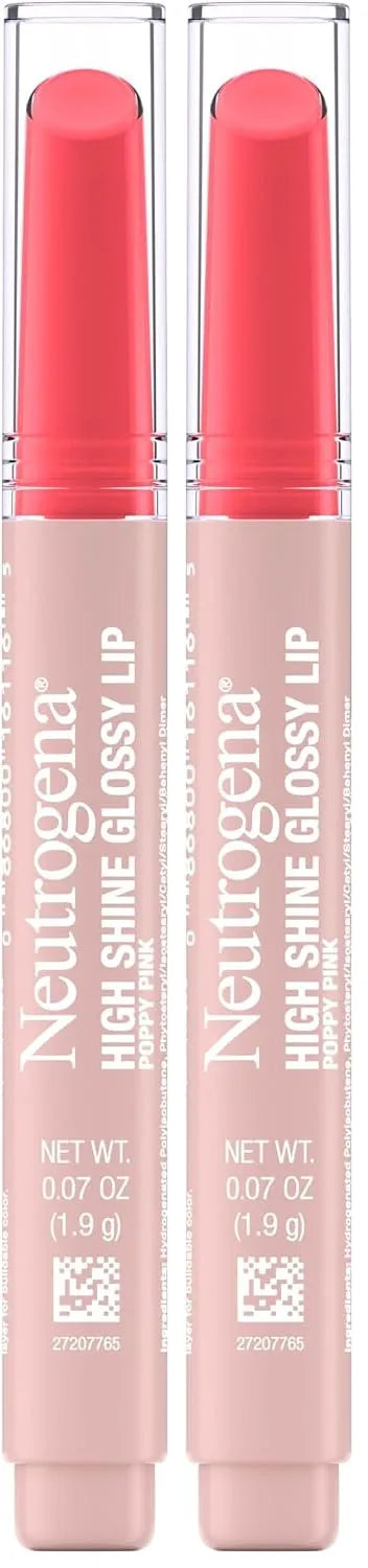 Neutrogena High Shine Glossy Lip with Maracuja Oil + Vitamins & Antioxidant Vitamin E, Nourishing Glossy Lip, Non-Retractable, Pigmented For Buildable Color, Poppy Pink, 0.07 oz (Pack of 2)