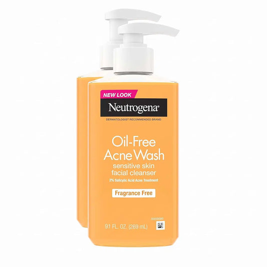 Neutrogena Oil-Free Acne Face Wash, Fragrance Free, Sensitive Skin Facial Cleanser with 2% Salicylic Acid Acne Treatment for Face, 9.1 Fl Oz,(Pack of 2)