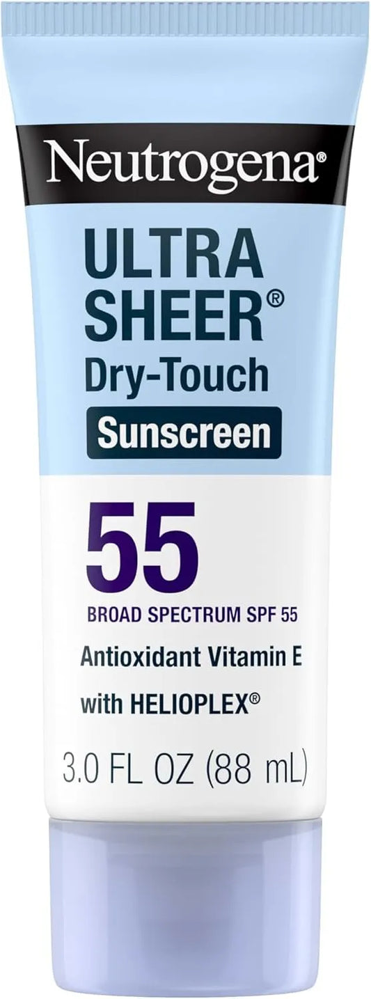 Neutrogena Ultra Sheer Dry-Touch Sunscreen SPF 55 for Face & Body, Lightweight Non Greasy Broad Spectrum UVA/UVB Protection, No White Cast, Water Resistant (80 Min) Travel Sunscreen Lotion, 3 fl oz