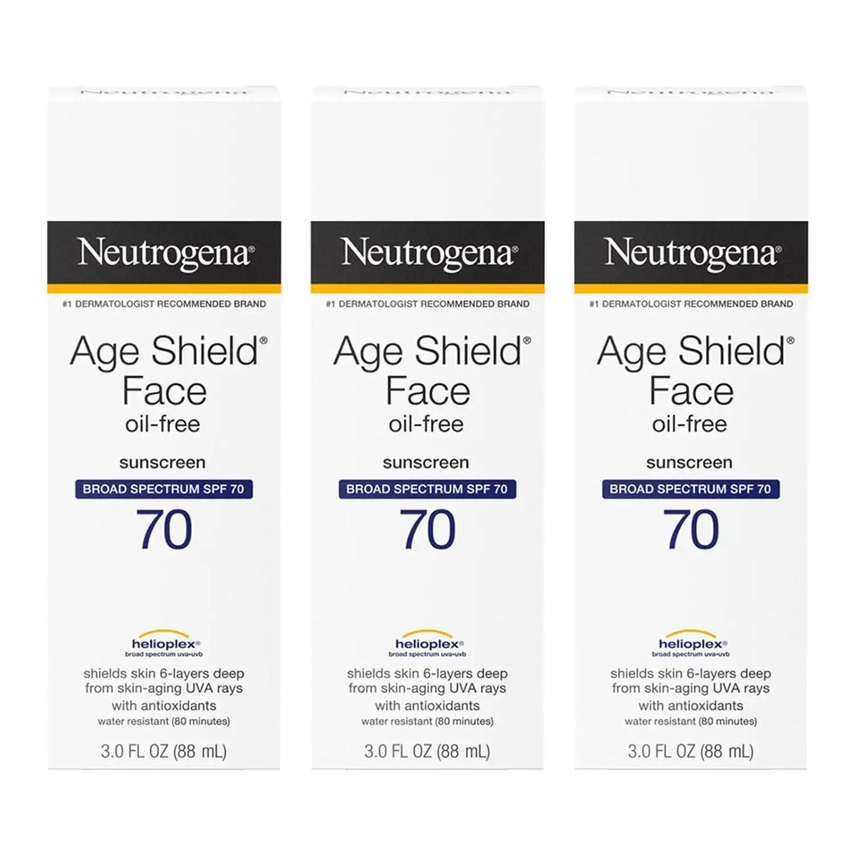 Neutrogena Age Shield Face Oil-Free Sunscreen Lotion with Broad Spectrum SPF 70, Non-Comedogenic Moisturizing Sunscreen to Help Prevent Signs of Aging, PABA-Free, 3 fl. oz (Pack of 3)