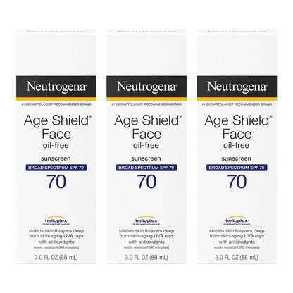 Neutrogena Age Shield Face Oil-Free Sunscreen Lotion with Broad Spectrum SPF 70, Non-Comedogenic Moisturizing Sunscreen to Help Prevent Signs of Aging, PABA-Free, 3 fl. oz (Pack of 3)