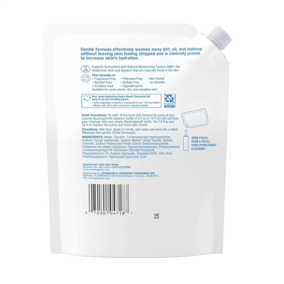 Neutrogena Hydro Boost Fragrance Free Hydrating Gel Facial Cleanser with Hyaluronic Acid, Daily Foaming Face Wash & Makeup Remover, Gentle Face Wash, Non-Comedogenic, Refill Pouch, 16 fl. oz