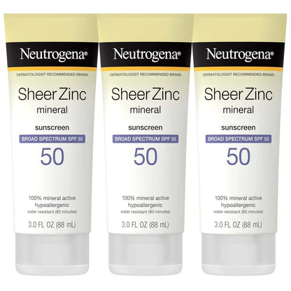Neutrogena Sheer Zinc Oxide Mineral Sunscreen SPF 50, 3 fl oz, 3 Pack