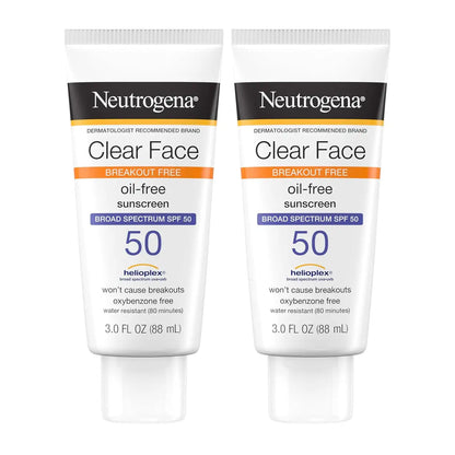 Neutrogena Clear Face Sunscreen Lotion for Acne-Prone Skin, Broad Spectrum SPF 50 Facial Sunscreen for Oily Skin, Oil-, Fragrance- & Oxybenzone-Free Water Resistant Sunscreen, Twin Pack, 2 x 3 fl. oz