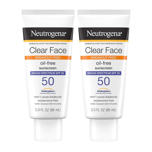 Neutrogena Clear Face Sunscreen Lotion for Acne-Prone Skin, Broad Spectrum SPF 50 Facial Sunscreen for Oily Skin, Oil-, Fragrance- & Oxybenzone-Free Water Resistant Sunscreen, Twin Pack, 2 x 3 fl. oz