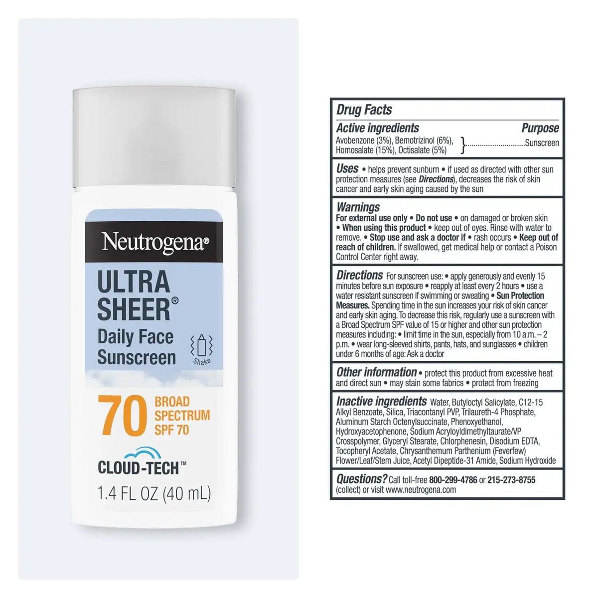 Neutrogena Ultra Sheer Daily Face Sunscreen SPF 70 with BEMT,  1.4 Fl. Oz