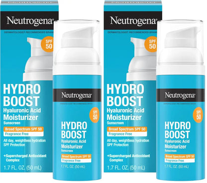 Neutrogena Hydro Boost Hyaluronic Acid Face Moisturizer with Broad Spectrum SPF 50 Sunscreen,Non-Greasy,Fragrance Free Daytime Facial Moisturizer to Hydrate & Soothe Dry Skin,1.7 fl. oz,(Pack of 2)